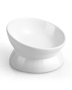 LoeJan Elevated Cat Food Bowl, 5 Oz Ceramic Raised And Tilted Pet Water Bowl, Anti Vomiting And Protect Pets' Spines Cat Dishes For Small Dog, Fat Faced Cat, Kitten (White)