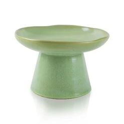 Wide Shallow 6.1" Raised Cat Bowls, Ceramic Elevated Food Bowl For Flat Faced Cats And Small Dogs, Porcelain Feeder Bowl, Stress Free, Protect Cat’s Spine, Green