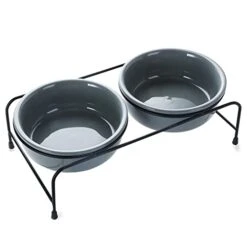 GDCZ Porcelain Raised Cat Or Small Dog Bowls With Heighten Metal Stand And Non-Slip Bottom For Pet Food And Water Dishes, 15 Ounces (Grey)