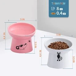 Tilted Ceramic Raised Cat Bowls, 8 OZ Food And Water Bowls Set For Kitty, 5 In Porcelain Elevated Stress Free Feeding Pet Dish, Dishwasher And Microwave Safe (White & Pink) -Pet Products Shop 4122UhDyayL