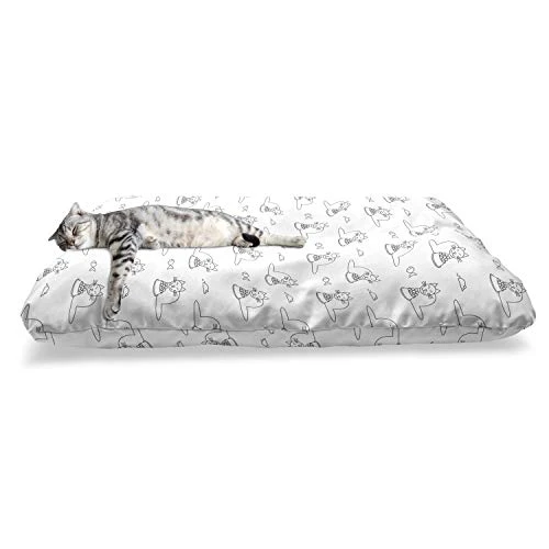 Lunarable Cat Pet Bed, Monochrome Doodle Style Feline Pattern With A Bowl Of Food Fish And Mouse Design, Chew Resistant Pad For Dogs And Cats Cushion With Removable Cover, 24" X 39", Black And White 4 Lunarable Cat Pet Bed, Monochrome Doodle Style Feline Pattern With A Bowl Of Food Fish And Mouse Design, Chew Resistant Pad For Dogs And Cats Cushion With Removable Cover, 24" X 39", Black And White - Image 2