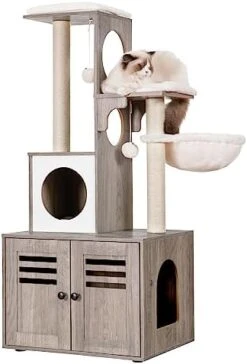Heybly Cat Tree, Wood Litter Box Enclosure With Food Station, All-in-one Indoor Cat Furniture With Large Platform And Condo, Modern Style Cat Tower, Hammock, Rustic Brown HCT103SR -Pet Products Shop 41BJgvlbHlL. AC