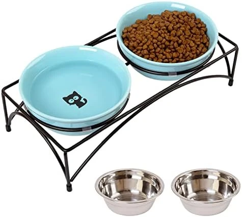 FOREYY Elevated Cat Bowls With 2 Ceramic Bowls And 2 Stainless Steel Bowls,Raised Cat Food Water Bowl With Iron Stand,Porcelain Pet Dishes For Cats And Small Dogs,16 Ounces,Dishwasher Safe(Blue) 8 FOREYY Elevated Cat Bowls With 2 Ceramic Bowls And 2 Stainless Steel Bowls,Raised Cat Food Water Bowl With Iron Stand,Porcelain Pet Dishes For Cats And Small Dogs,16 Ounces,Dishwasher Safe(Blue) - Image 6