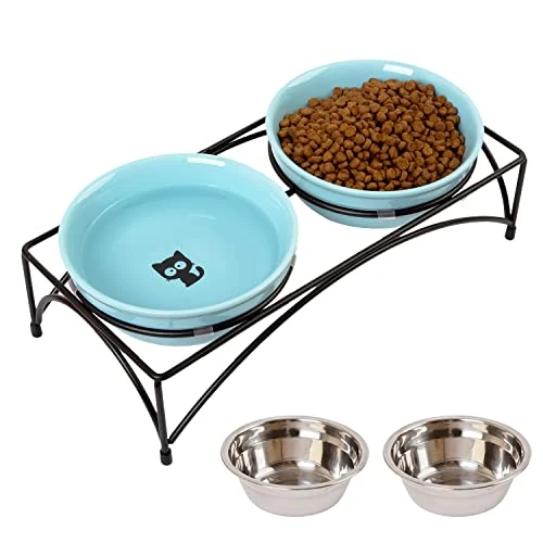 FOREYY Elevated Cat Bowls With 2 Ceramic Bowls And 2 Stainless Steel Bowls,Raised Cat Food Water Bowl With Iron Stand,Porcelain Pet Dishes For Cats And Small Dogs,16 Ounces,Dishwasher Safe(Blue) 3 FOREYY Elevated Cat Bowls With 2 Ceramic Bowls And 2 Stainless Steel Bowls,Raised Cat Food Water Bowl With Iron Stand,Porcelain Pet Dishes For Cats And Small Dogs,16 Ounces,Dishwasher Safe(Blue)