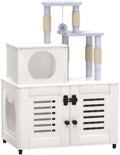EasyCom Litter Box Enclosure, Hidden Cat Tree Tower Furniture For Indoor House, Modern Wooden All-in-one Cat Litter Cabinet With Scratching Post And Condo, White 19 EasyCom Litter Box Enclosure, Hidden Cat Tree Tower Furniture For Indoor House, Modern Wooden All-in-one Cat Litter Cabinet With Scratching Post And Condo, White -Pet Products Shop 41FPvZPMgzL. AC