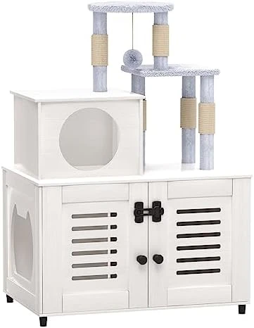 EasyCom Litter Box Enclosure, Hidden Cat Tree Tower Furniture For Indoor House, Modern Wooden All-in-one Cat Litter Cabinet With Scratching Post And Condo, White 11 EasyCom Litter Box Enclosure, Hidden Cat Tree Tower Furniture For Indoor House, Modern Wooden All-in-one Cat Litter Cabinet With Scratching Post And Condo, White - Image 9