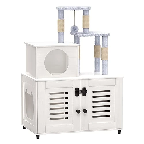 EasyCom Litter Box Enclosure, Hidden Cat Tree Tower Furniture For Indoor House, Modern Wooden All-in-one Cat Litter Cabinet With Scratching Post And Condo, White 3 EasyCom Litter Box Enclosure, Hidden Cat Tree Tower Furniture For Indoor House, Modern Wooden All-in-one Cat Litter Cabinet With Scratching Post And Condo, White