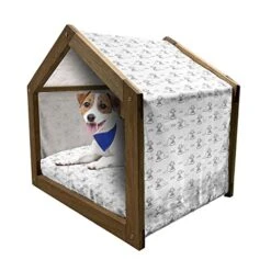 Lunarable Cat Wooden Pet House, Monochrome Doodle Style Feline Pattern With A Bowl Of Food Fish And Mouse Design, Outdoor & Indoor Portable Dog Kennel With Pillow And Cover, Small, Black And White