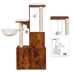Heybly Cat Tree, Wood Litter Box Enclosure With Food Station, All-in-one Indoor Cat Furniture With Large Platform And Condo, Modern Style Cat Tower, Hammock, Rustic Brown HCT103SR -Pet Products Shop 41HHH9VrzvL
