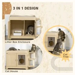 ACQUIRE 3 In 1 Litter Box Enclosure Hidden Kitty House Cat Tree, Cat Washroom Storage Bench With Double Doors, Multiple Layers -Pet Products Shop 41INvXnl9CL
