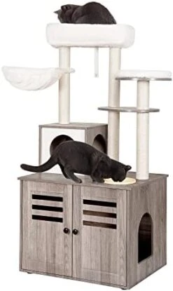 Heybly Cat Tree, Wood Litter Box Enclosure With Food Station, All-in-one Indoor Cat Furniture With Large Platform And Condo, Modern Style Cat Tower, Hammock, Rustic Brown HCT103SR -Pet Products Shop 41MAudC7EJL. AC