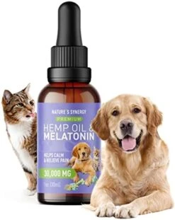 Nature's Synergy Melatonin And Hemp Oil For Dogs, Cats & Pets, Calming Sleep Support, Omega Fatty Acids For Hip And Joint Support, Skin And Coat Health, Stress From Travel, Separation, 2 Pack, 1 Oz -Pet Products Shop 41OQ3atlAL. AC