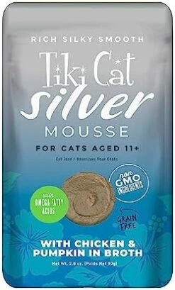 Tiki Cat SIlver Mousse, With Chicken & Pumpkin In Broth, Silky Smooth Nutrient Rich Formulated For Older Cats Aged 11+, 2.9 Oz. Pouch (Pack Of 12) -Pet Products Shop 41VY8WzcFL. AC