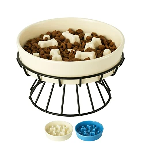 8.25'' Ceramic Slow Dog Bowl With Elevated Metal Stand, 1.75 Cups Non-Slip Puzzle Raised Dog Bowl Feeder, Slow Down Eating Anti-Choking Food Bowl Dish For Small And Medium & Large Dogs - Beige Color 3 8.25'' Ceramic Slow Dog Bowl With Elevated Metal Stand, 1.75 Cups Non-Slip Puzzle Raised Dog Bowl Feeder, Slow Down Eating Anti-Choking Food Bowl Dish For Small And Medium & Large Dogs - Beige Color