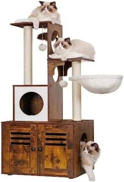 Heybly Cat Tree, Wood Litter Box Enclosure With Food Station, All-in-one Indoor Cat Furniture With Large Platform And Condo, Modern Style Cat Tower, Hammock, Rustic Brown HCT103SR -Pet Products Shop 41ZAQcl83tL. AC