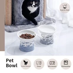Tilted Ceramic Raised Cat Bowls, 8 OZ Elevated Slanted Food And Water Bowls, 5 Inch Wide Porcelain Pet Feeder Dish For Cats, Kittens And Puppies, Stress Free, Protect Pet's Spine, Set Of 2(Blue&Black) -Pet Products Shop 41fedO0UrOL