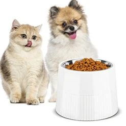 MSBC Elevated Dog Bowl, 15oz Small Raised Dog Feeder With Removable Stainless Steel Food And Water Bowl, Non-Skid & Non-Spill Dog Dish For Small Dogs And Cats, Raised Cat Bowl, Dishwasher Safe, White