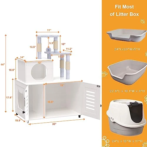 EasyCom Litter Box Enclosure, Hidden Cat Tree Tower Furniture For Indoor House, Modern Wooden All-in-one Cat Litter Cabinet With Scratching Post And Condo, White 7 EasyCom Litter Box Enclosure, Hidden Cat Tree Tower Furniture For Indoor House, Modern Wooden All-in-one Cat Litter Cabinet With Scratching Post And Condo, White - Image 5