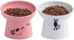 Tilted Ceramic Raised Cat Bowls, 8 OZ Food And Water Bowls Set For Kitty, 5 In Porcelain Elevated Stress Free Feeding Pet Dish, Dishwasher And Microwave Safe (White & Pink) -Pet Products Shop 41zWThB77nL. AC