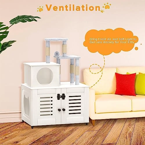 EasyCom Litter Box Enclosure, Hidden Cat Tree Tower Furniture For Indoor House, Modern Wooden All-in-one Cat Litter Cabinet With Scratching Post And Condo, White 5 EasyCom Litter Box Enclosure, Hidden Cat Tree Tower Furniture For Indoor House, Modern Wooden All-in-one Cat Litter Cabinet With Scratching Post And Condo, White - Image 3