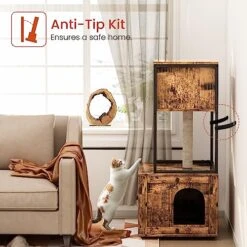 Cat Litter Box Enclosure With Shelves And Door, Hidden Cat Washroom Cabinet Furniture With Scratching Posts,Platform,Elevated Cat Feeding Bowl,All-in-One Wood Pet Crate Indoor Cat House Fumiture,Brown -Pet Products Shop 514C9coGb4L