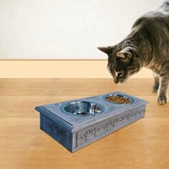 Iconic Pet Sassy Paws Wooden Pet Double Diner With Stainless Steel Food & Water Bowls For Dogs & Cats -Pet Products Shop 518G1HeO1qL