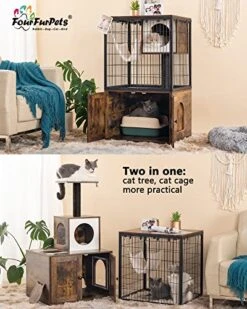 Fourfurpets Cat Litter Box Enclosure, Cat Trees, Wire Cat Cages, All-in-one, Removable And Washable Cushion, Hammock, Natural Sisal Posts, Anti-tip, Height-Adjustable, Rustic Brown -Pet Products Shop 51BRhRhawxL