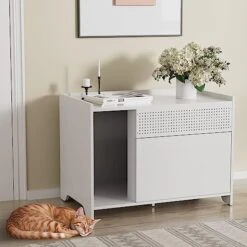 SunsGrove Cat Litter Box Enclose, Hidden Litter Boxes For Indoor Cats, Kitten Litter Furniture With Flip-Down Opening, Wooden Cat Box, Fits Most Litter Box, Multi-Functional Cabinet, White -Pet Products Shop 51Fc3k8qiWL