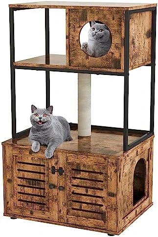 AWQM Large Cat Litter Box Enclosure,3 Level Cat Tree Tower With Elevated Cat Feeding Bowl,Scratching Posts,Hidden Cat Washroom,Kitty Condo,All-in-One Wood Pet Cat House/Cabinet Funiture,Rustic Brown 8 AWQM Large Cat Litter Box Enclosure,3 Level Cat Tree Tower With Elevated Cat Feeding Bowl,Scratching Posts,Hidden Cat Washroom,Kitty Condo,All-in-One Wood Pet Cat House/Cabinet Funiture,Rustic Brown - Image 6