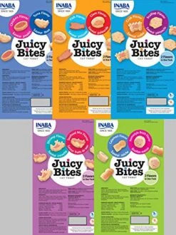 INABA Juicy Bites Grain-Free, Soft, Moist, Chewy Cat Treats With Vitamin E And Green Tea Extract, 0.4 Ounces Per Pouch, 15 Pouches (3 Per Pouch), 5 Flavor Variety Pack