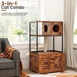 Cat Litter Box Enclosure With Shelves And Door, Hidden Cat Washroom Cabinet Furniture With Scratching Posts,Platform,Elevated Cat Feeding Bowl,All-in-One Wood Pet Crate Indoor Cat House Fumiture,Brown -Pet Products Shop 51QXRlYW02L