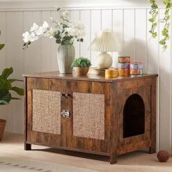 Cat Litter Box Enclosure With Shelves And Door, Hidden Cat Washroom Cabinet Furniture With Scratching Posts,Platform,Elevated Cat Feeding Bowl,All-in-One Wood Pet Crate Indoor Cat House Fumiture,Brown -Pet Products Shop 51RbjnXyhAL. AC