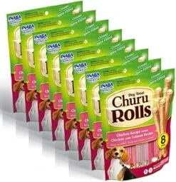 INABA Churu Rolls For Dogs, Grain-Free, Soft/Chewy Baked Chicken Wrapped Churu Filled Dog Treats, 0.42 Ounces Each Stick| 64 Stick Treats Total (8 Sticks Per Pack), Chicken With Salmon Recipe -Pet Products Shop 51S3ZhRd1L. AC