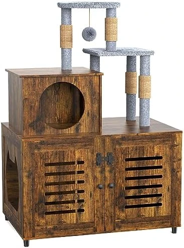 EasyCom Litter Box Enclosure, Hidden Cat Tree Tower Furniture For Indoor House, Modern Wooden All-in-one Cat Litter Cabinet With Scratching Post And Condo, White 10 EasyCom Litter Box Enclosure, Hidden Cat Tree Tower Furniture For Indoor House, Modern Wooden All-in-one Cat Litter Cabinet With Scratching Post And Condo, White - Image 8