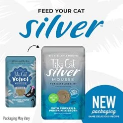 Tiki Cat SIlver Mousse, With Chicken & Pumpkin In Broth, Silky Smooth Nutrient Rich Formulated For Older Cats Aged 11+, 2.9 Oz. Pouch (Pack Of 12)
