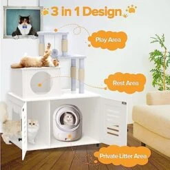 EasyCom Litter Box Enclosure, Hidden Cat Tree Tower Furniture For Indoor House, Modern Wooden All-in-one Cat Litter Cabinet With Scratching Post And Condo, White 12 EasyCom Litter Box Enclosure, Hidden Cat Tree Tower Furniture For Indoor House, Modern Wooden All-in-one Cat Litter Cabinet With Scratching Post And Condo, White -Pet Products Shop 51VsMJAog5L