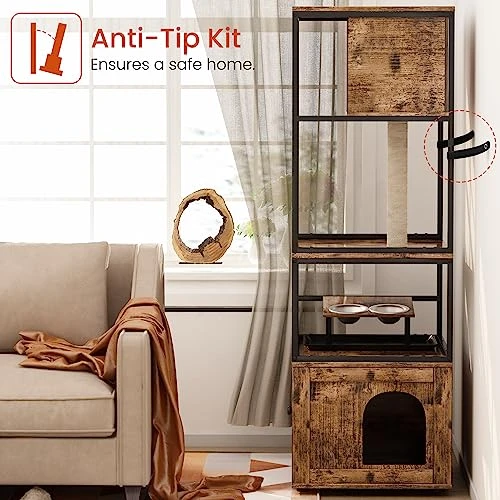 AWQM Large Cat Litter Box Enclosure,3 Level Cat Tree Tower With Elevated Cat Feeding Bowl,Scratching Posts,Hidden Cat Washroom,Kitty Condo,All-in-One Wood Pet Cat House/Cabinet Funiture,Rustic Brown 7 AWQM Large Cat Litter Box Enclosure,3 Level Cat Tree Tower With Elevated Cat Feeding Bowl,Scratching Posts,Hidden Cat Washroom,Kitty Condo,All-in-One Wood Pet Cat House/Cabinet Funiture,Rustic Brown - Image 5