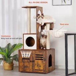 Heybly Cat Tree, Wood Litter Box Enclosure With Food Station, All-in-one Indoor Cat Furniture With Large Platform And Condo, Modern Style Cat Tower, Hammock, Rustic Brown HCT103SR -Pet Products Shop 51XvFOU30uL