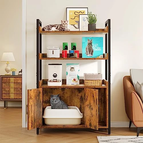 YITAHOME Large Hidden Cat Litter Box Furniture With 3 Shelves And Doors, Wood Litter Box Enclosure, Cat Washroom Storage, Brown 5 YITAHOME Large Hidden Cat Litter Box Furniture With 3 Shelves And Doors, Wood Litter Box Enclosure, Cat Washroom Storage, Brown - Image 3