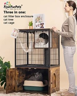 Fourfurpets Cat Litter Box Enclosure, Cat Trees, Wire Cat Cages, All-in-one, Removable And Washable Cushion, Hammock, Natural Sisal Posts, Anti-tip, Height-Adjustable, Rustic Brown -Pet Products Shop 51a9UCzD1UL