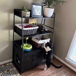 Recaceik Large Cat Litter Box Enclosure With Shelf Storage, Hidden Cat Washroom Furniture, Wooden Cat House With Scratch Pad, Sturdy Indoor Cat Cabinet With 2 Doors, Black -Pet Products Shop 51gwUZJHrCL