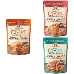 Wellness CORE Simply Shreds Wet Cat Food Topper Variety Bundle, 36 Count: Shredded Chicken Broth In Broth + Shredded Wild Salmon & Tuna In Broth+ Shredded Tuna & Shrimp In Broth