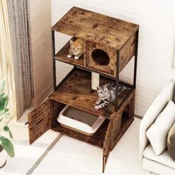 Cat Litter Box Enclosure With Shelves And Door, Hidden Cat Washroom Cabinet Furniture With Scratching Posts,Platform,Elevated Cat Feeding Bowl,All-in-One Wood Pet Crate Indoor Cat House Fumiture,Brown -Pet Products Shop 51kxgn7kc8L
