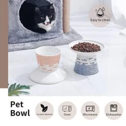 6.25 Inch Extra Wide Ceramic Raised Cat Food Bowls, Elevated Porcelain Cat Feeding Dish, Heavy Pet Feeder Bowl For Elder Big Cats,Small Dogs, Anti Vomiting, Protect Pet's Spine, 2 Pack(Blue&Orange) -Pet Products Shop 51lKDsCjGXL