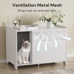 SunsGrove Cat Litter Box Enclose, Hidden Litter Boxes For Indoor Cats, Kitten Litter Furniture With Flip-Down Opening, Wooden Cat Box, Fits Most Litter Box, Multi-Functional Cabinet, White -Pet Products Shop 51lTU3HXv4L