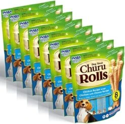 INABA Churu Rolls For Dogs, Grain-Free, Soft/Chewy Baked Chicken Wrapped Churu Filled Dog Treats, 0.42 Ounces Each Stick| 64 Stick Treats Total (8 Sticks Per Pack), Chicken With Salmon Recipe -Pet Products Shop 51nVPlDAR6L. AC