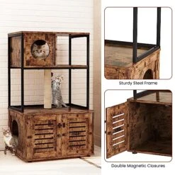 Cat Litter Box Enclosure With Shelves And Door, Hidden Cat Washroom Cabinet Furniture With Scratching Posts,Platform,Elevated Cat Feeding Bowl,All-in-One Wood Pet Crate Indoor Cat House Fumiture,Brown -Pet Products Shop 51yEhbI13TL