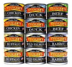 Evangers Grain Free, All Natural Dog/Cat Food Variety Pack - 6 Flavors (Chicken, Beef, Buffalo, Rabbit, Duck, And Wild Salmon) 6-Ounce Each - 2 Of Each Flavor (12 Total Cans)