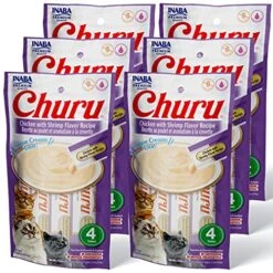 INABA Churu Cat Treats, Grain-Free, Lickable, Squeezable Creamy Purée Cat Treat/Topper With Vitamin E & Taurine, 0.5 Ounces Each Tube, 24 Tubes (4 Per Pack), Chicken With Shrimp Recipe
